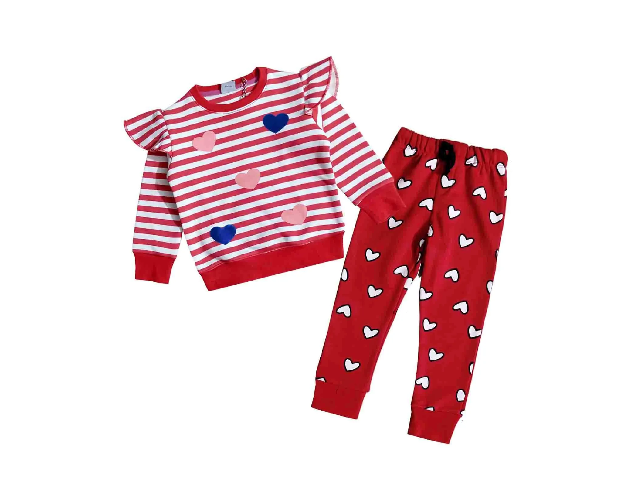 Hearts Red Stripes Frill Fleece Tracksuits - White & Red