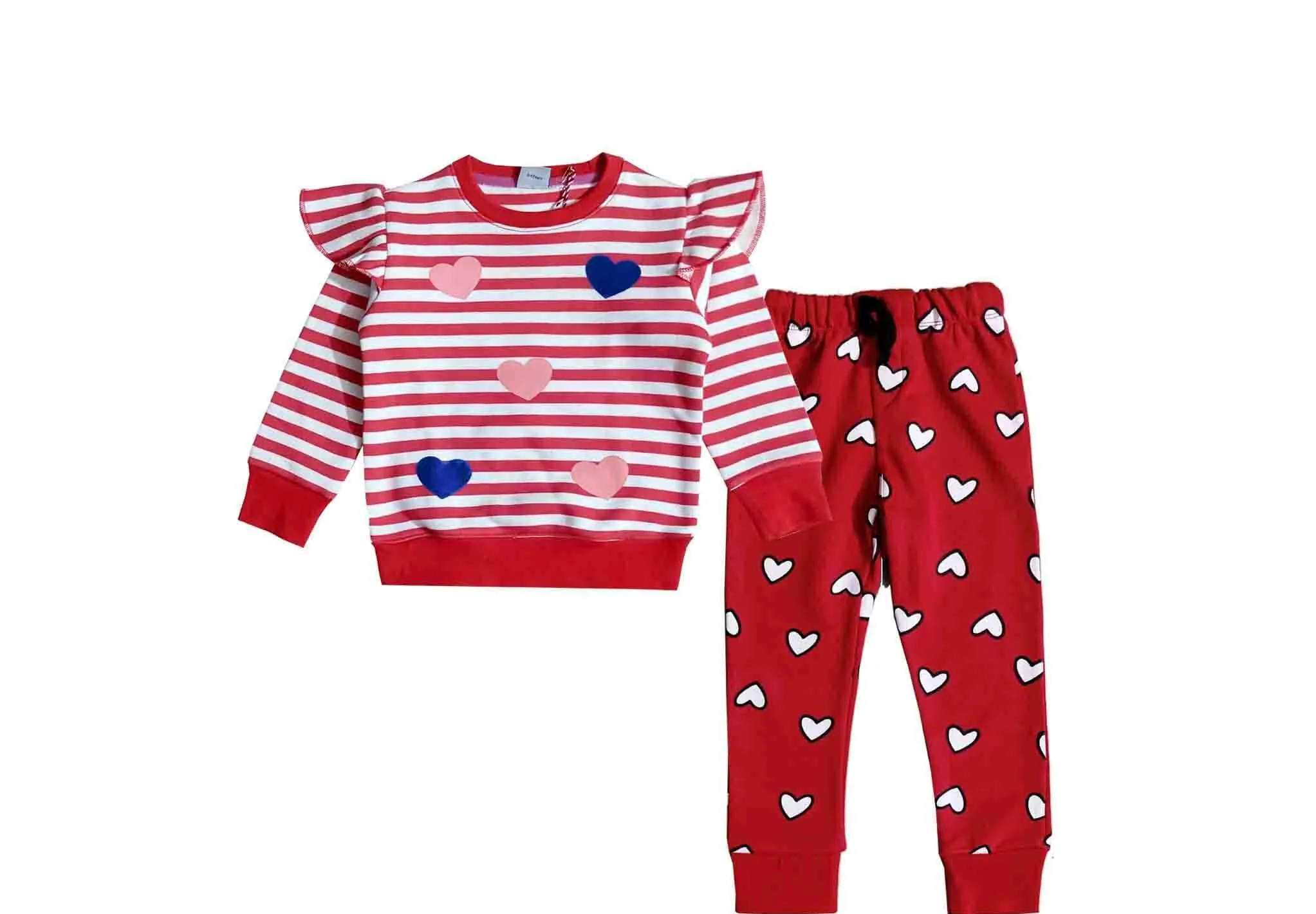 Hearts Red Stripes Frill Fleece Tracksuits - White & Red