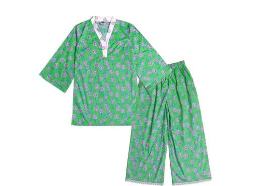 Pink Sunflowers Flapper Sleeves Cotton Kurti & Plazzo - Parrot Green