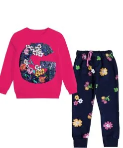 Sequin Alphabat G Floral Fleece Tracksuits - Shocking Pink & Navy Blue