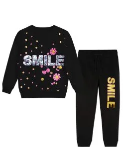 Sequins Smile Flowers Fleece Tracksuits - Black
