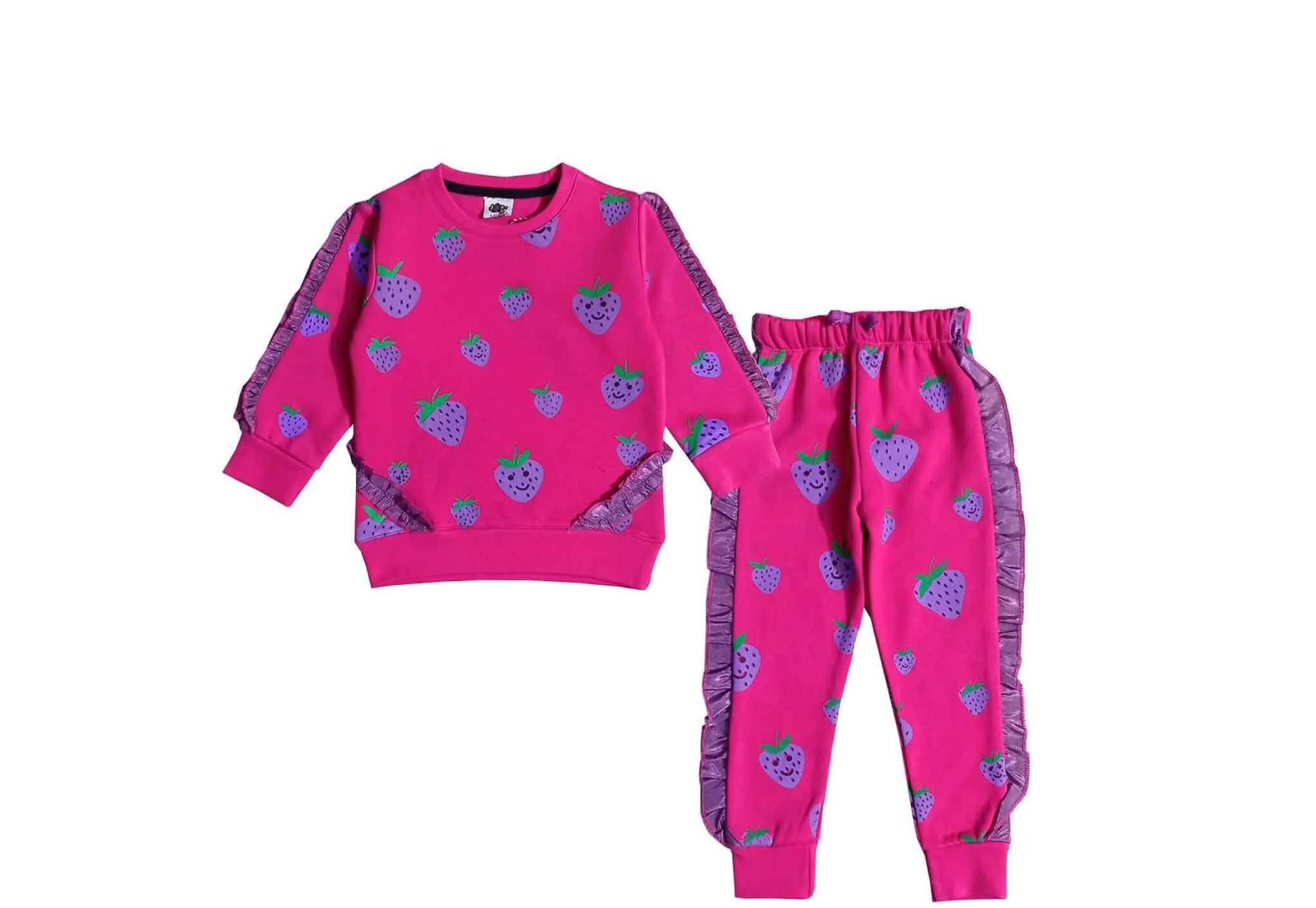 Strawberry Stylish Frill Fleece Tracksuit - Shocking Pink