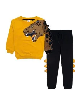 3D Wild Dinosaur Fleece Tracksuit - Mustard & Black