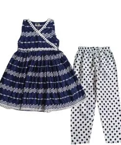Chicken Kari Angrakha Frock with Polka Dot Trouser - Navy Blue & White