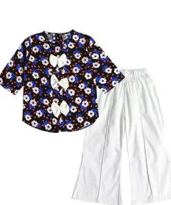 Daisy Flowers Linen Pleatts Top With Flapper Trouser - Black & Egg White