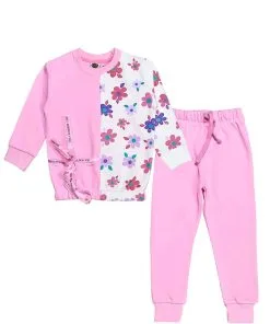 Double Penal Stylish Fleece Tracksuit - Baby Pink & White