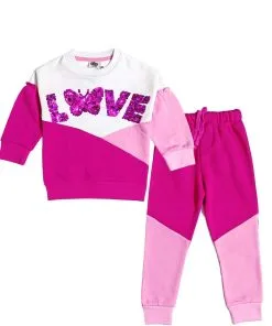 Love Sequin Butterfly Penal Fleece Tracksuit - White & Pink