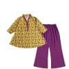 Magic Leaf Short Flair Viscose Linen Frock & Flapper Trouser - Mustard & Purple