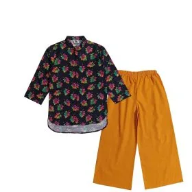 Vibrant Color Leaf Ban Color Khaddar Top & Plazzo - Black & Mustard