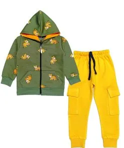 Sweet Lion Zipper Hoodie Tracksuit - Olive Green & Yellow