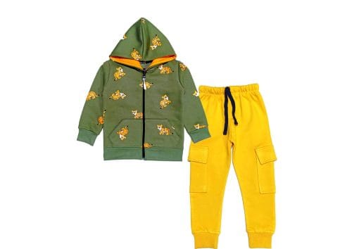Sweet Lion Zipper Hoodie Tracksuit - Olive Green & Yellow