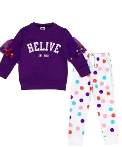 Belive in Love Colorfull Balls Fleece Tracksuit - Purple & White