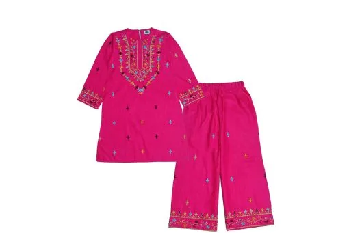 Elegant Florals Khaddar Kurti & Bell Bottom Trouser - Shocking Pink