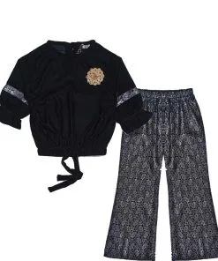 Fency Velvet Short Top & Jamawar Bell Bottom Trouser - Black