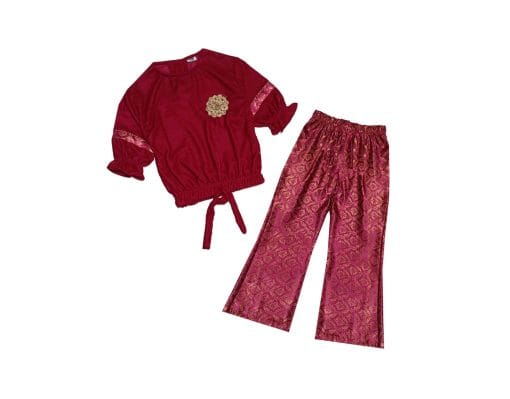 Fency Velvet Short Top & Jamawar Bell Bottom Trouser - Maroon 1