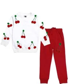 3D Cherries Fleece Tracksuit - White & Red