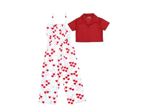 2 Pcs Red Hearts Cotton Jumpsuit with Short Shirt - White & Red