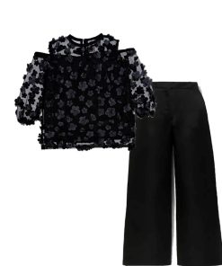 3D Flowers Net Western Top with Silk Flapper Trouser - Black