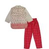 Geomatric Design Embriodery Shirt with Trouser - Light Brown & Red