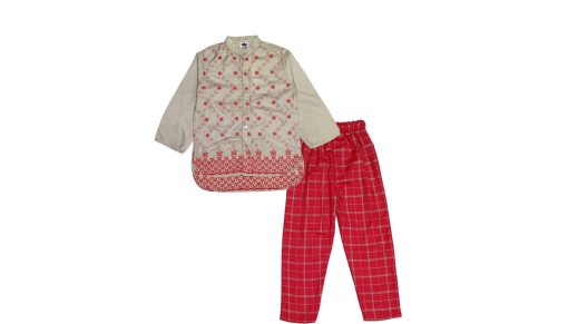 Geomatric Design Embriodery Shirt with Trouser - Light Brown & Red