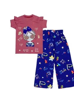 Love Your Self Frill Tee with arabic lawn Plazzo - Rose Pink & Royal Blue