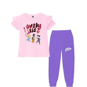 Lovely Girls Sequin Frill Tee Shirt & Trouser - Baby Pink & Purple