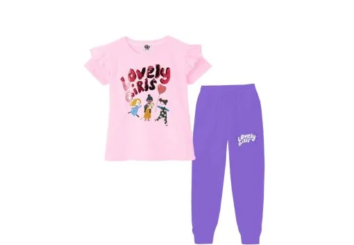 Lovely Girls Sequin Frill Tee Shirt & Trouser - Baby Pink & Purple