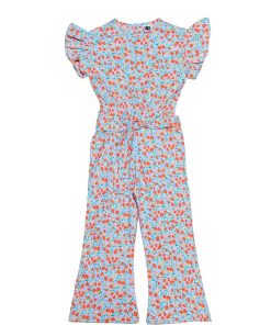 Messi Flowers Waist Bow Node Belt Flapper Jumpsuit - Sky Blue