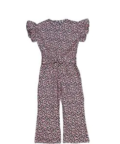 Pink Flowers Bunch Waist Bow Node Belt Flapper Jumpsuit - Black