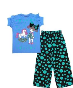 Unicorn with Bow Doll Frill Tee Shirt & Plazzo - Blue & Black