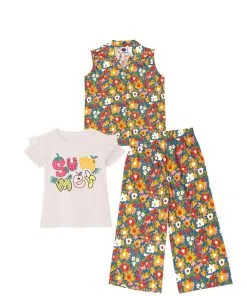 3 Pcs Elegant Seamless Floral Sleeves less Coat Tee & Plazzo - Zinc