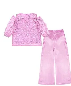 3D Sunflowers with Sequin Net Top & Silk Flapper Trouser - Rose Pink
