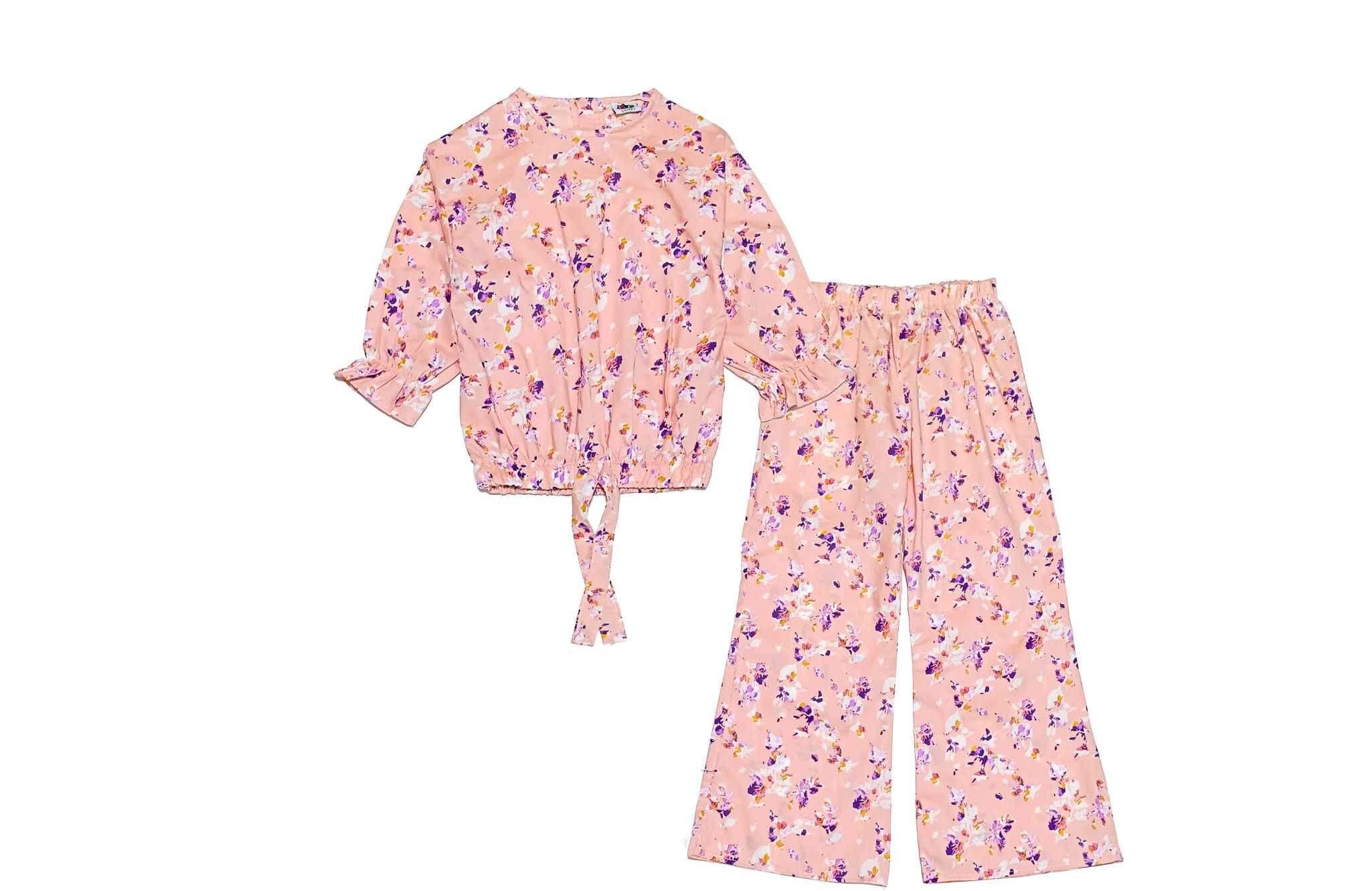 Acrylic Painting Design Cotton Top & Flapper Trouser - Peach