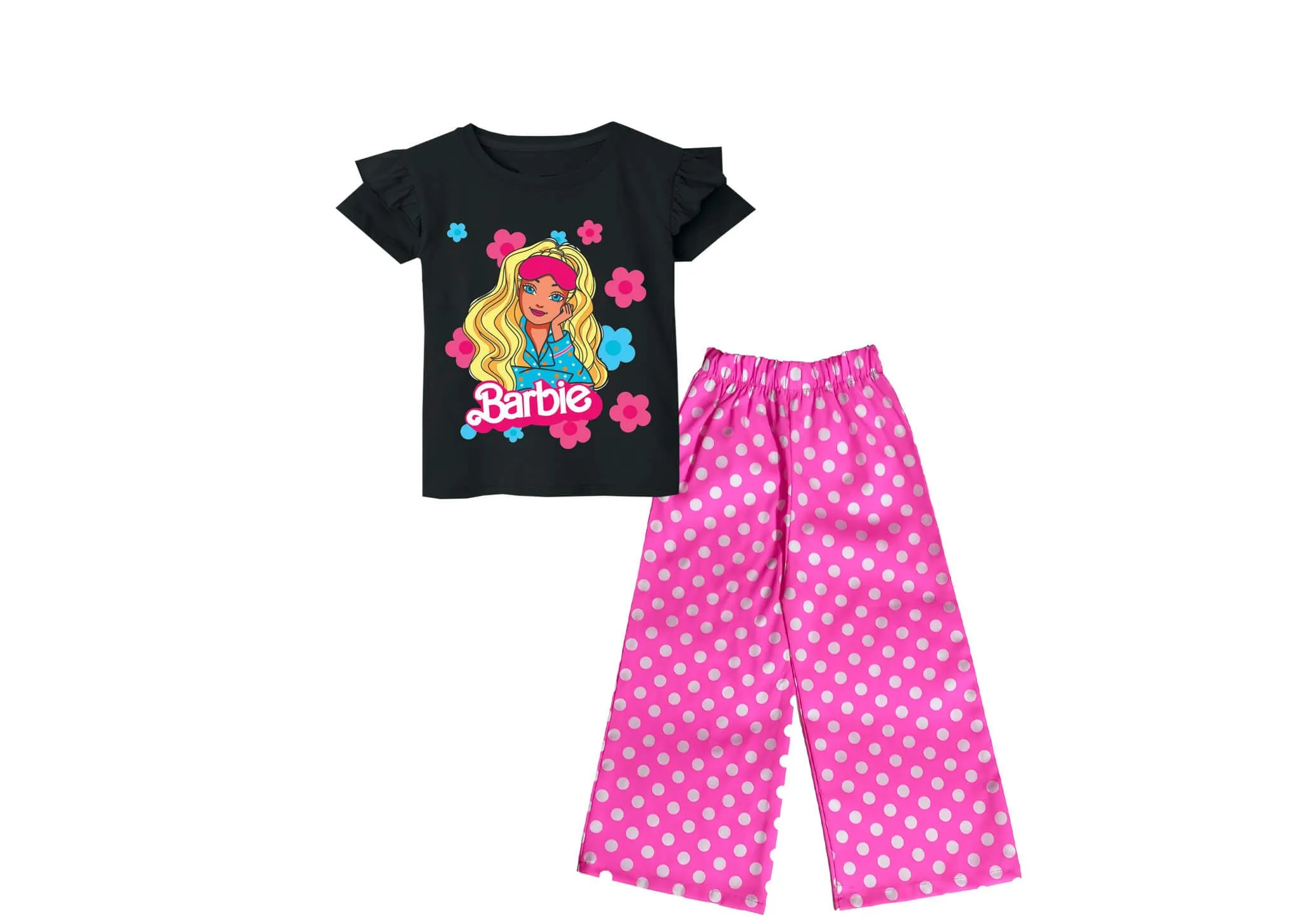 Barbie Doll & Flowers Frill T Shirt with Cotton Plazzo - Black & Pink