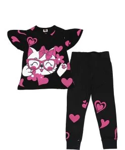 Heart Model Kitty Fish Cut Sleeves Tee & Trouser - Black