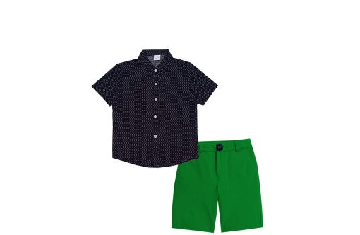 Mini Dots Pattern Casual Shirt with Cotton Short - Black & Green