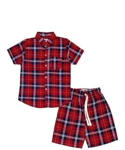 Multi Line Checked Casual Shirt & Short - Red
