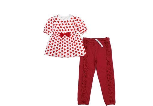 Red Bow & Hearts Top & Frill Style Trouser - White & Maroon
