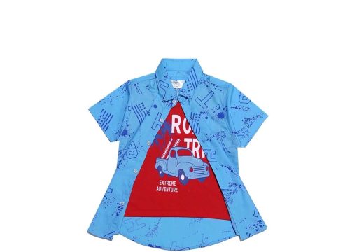 Road Trip Car Twofer Cotton Casual Shirt - Sky Blue & Red