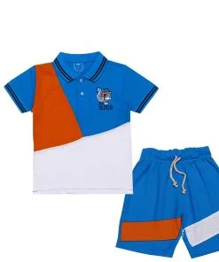Stylish Penal Lion Mood Logo Peque Fabric Polo & Short - Orange Blue & White