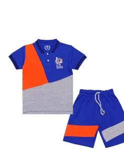 Stylish Penal Lion Mood Logo Peque Fabric Polo & Short - Orange Royal Blue & Heder Grey