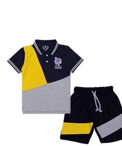 Stylish Penal Lion Mood Logo Peque Fabric Polo & Short - Yellow Black & Heder Grey