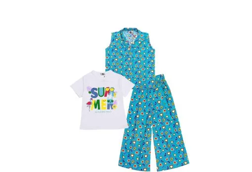 Umbrella Hearts Tee Shirt & Sleeve Less Cotton Coat Coller Jacket with Plazzo - Sea Green