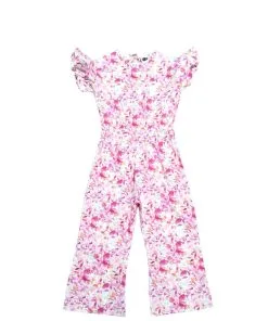 Watercolor Floral Waist Bow Node Belt Flapper Jumpsuit - White