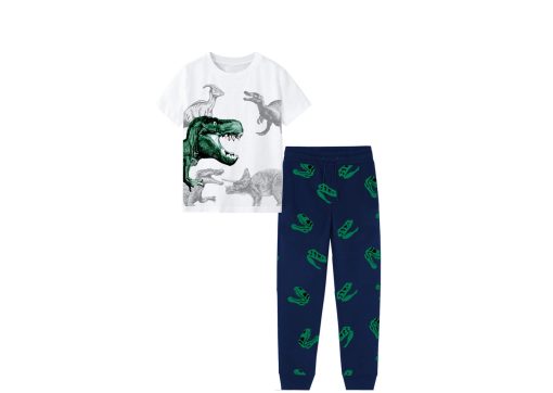 Wild Green Dino Velly Tee Shirt & Trouser - White & Navy Blue