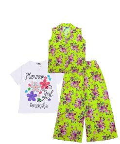 3-Pcs-Elegant-Flowers-Cotton-Sleeves-less-Coat-Tee-&-Plazzo-Neon-Green