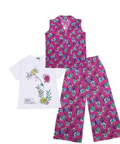 3-Pcs-Green-Foral-Cotton-Sleeves-less-Coat-Tee-&-Plazzo-Shocking-Pink