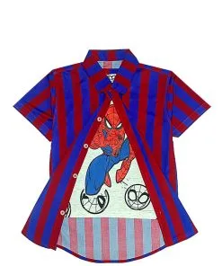 Fighter-Spiderman-Twofer-Cotton-Stripe-Casual-Shirt-Grey-Royal-&-Red