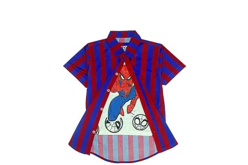 Fighter-Spiderman-Twofer-Cotton-Stripe-Casual-Shirt-Grey-Royal-&-Red