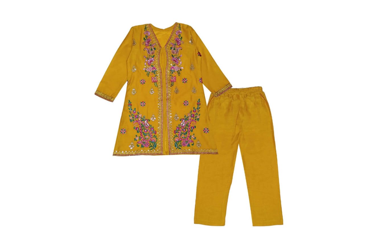 Goun-Style-Florals-Emb-&-Tilla-Work-Cotton-Shirt-with-Trouser-Mustard